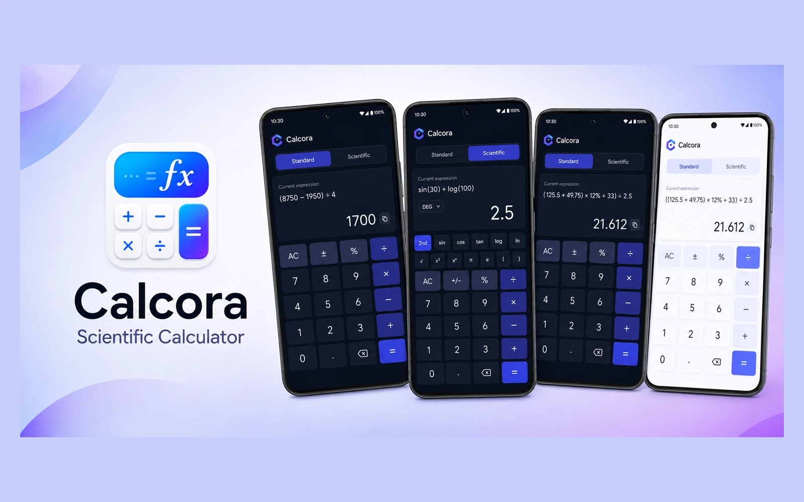 Calcora Android app promotional preview