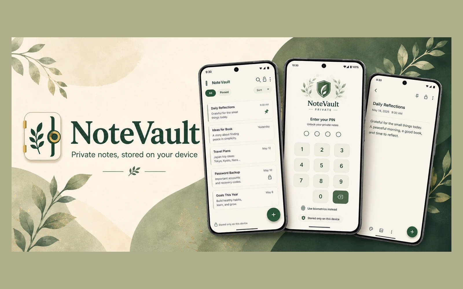 NoteVault Private Android app promotional preview