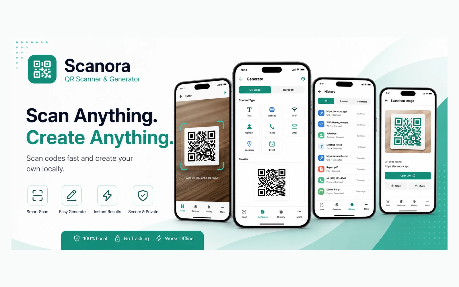 Scanora QR scanner and generator product screens