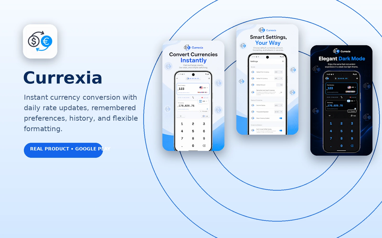 Currexia connected product interface supported by rate data and backend services
