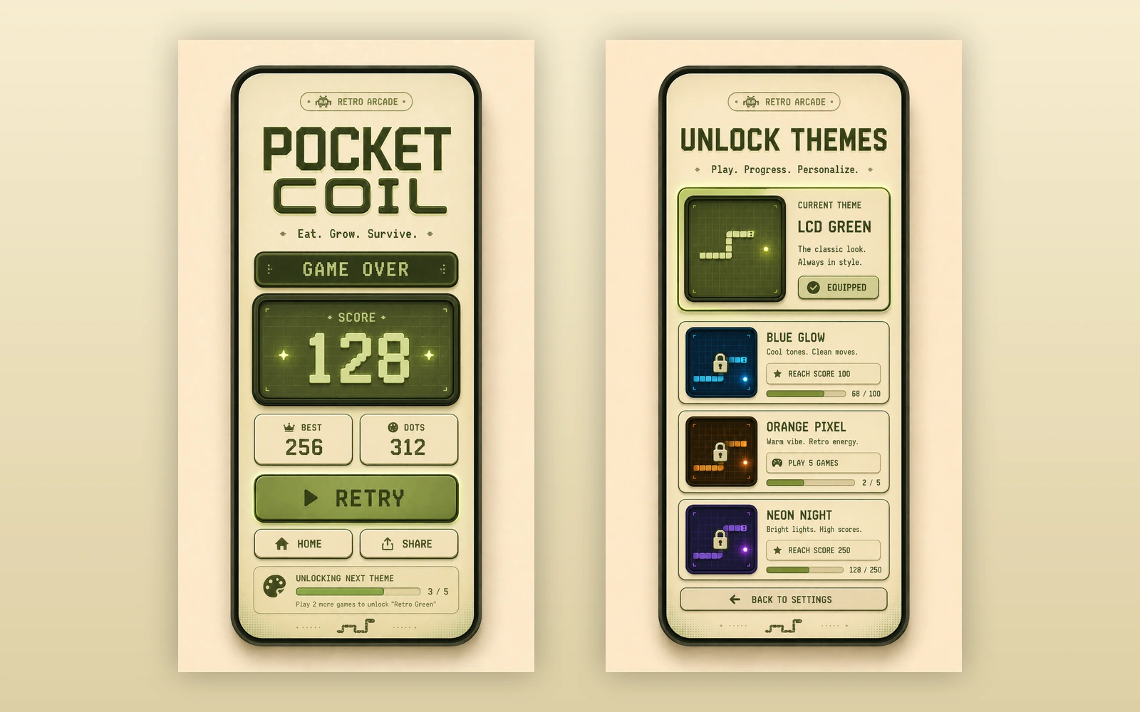 Pocket Coil — Game over and themes